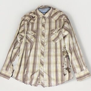 Vintage Wrangler Western Skully Vine Snap Button Shirt Men's 2XL Brown Tan Plaid